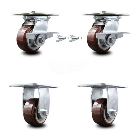Service Caster 4 Inch Polyurethane Caster Brakes/Swivel Locks and 2 Rigid, 2PK SCC-35S420-PPUB-SLB-BSL-2-R-2
